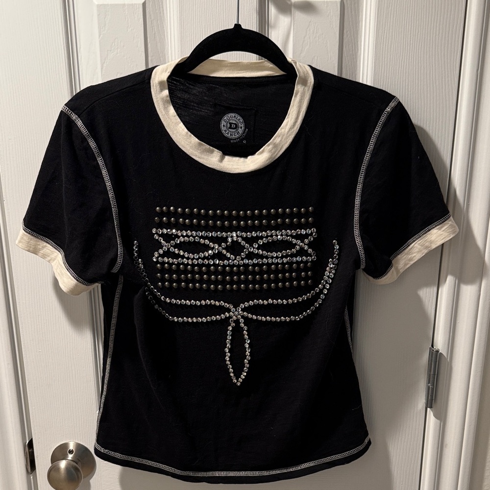 Double D Ranch Black and Cream Boot Design Tee with Crystals and Brass Studs